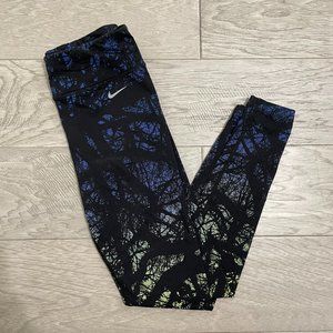 Nike dri-fit running leggings with forest tree print, blue, yellow green ombre |
